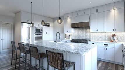 A modern kitchen featuring white cabinetry, quartz countertops