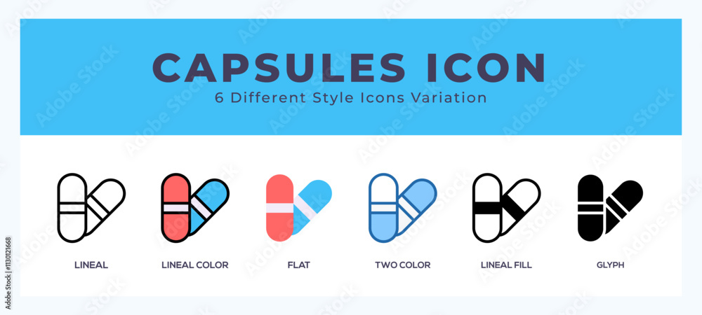 Poster capsules icon set with different styles. icons designed in filled. outline. flat. glyph and line col