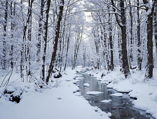 Snow-covered forest with tall trees and a frozen stream running through it, snow-covered trees, icy stream