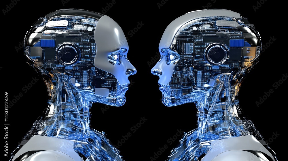Poster futuristic robots with digital elements in intense face-to-face standoff