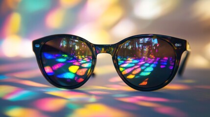 A pair of sunglasses with shifting tinted lenses displaying small projections 
