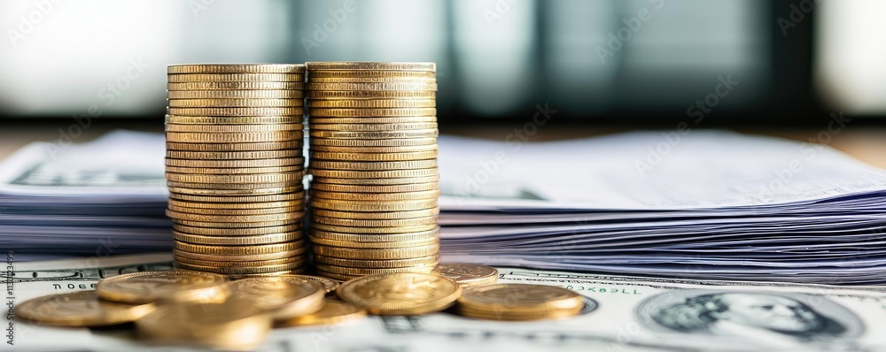 Poster currency value idea. close-up of stacked coins on a table with dollar bills, representing finance an