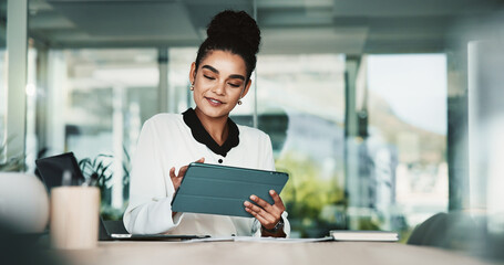 Business woman, tablet and office for connection, networking and research for financial agency....