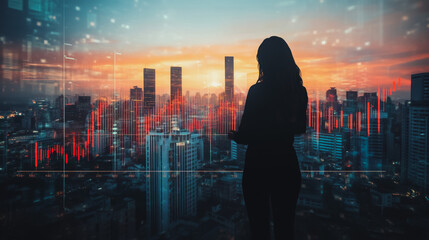 Fototapeta premium Abstract business woman stands on the peak of success amid tall, innovative Smart city and graphs with statistics to analyze business potential and predict future developments in company growth.