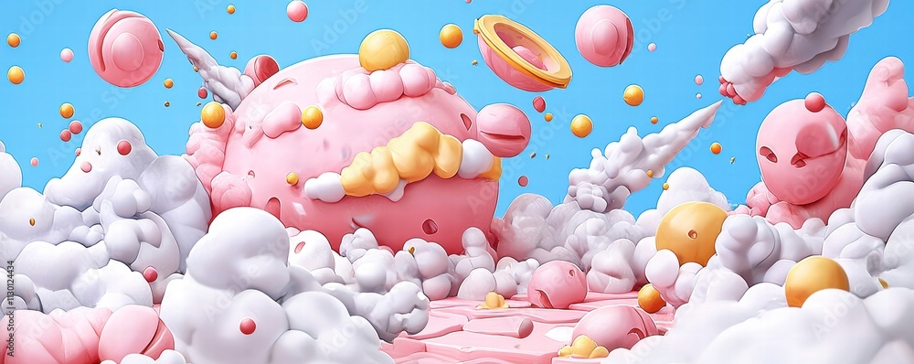 Poster abstract pink and white 3d render with floating spheres