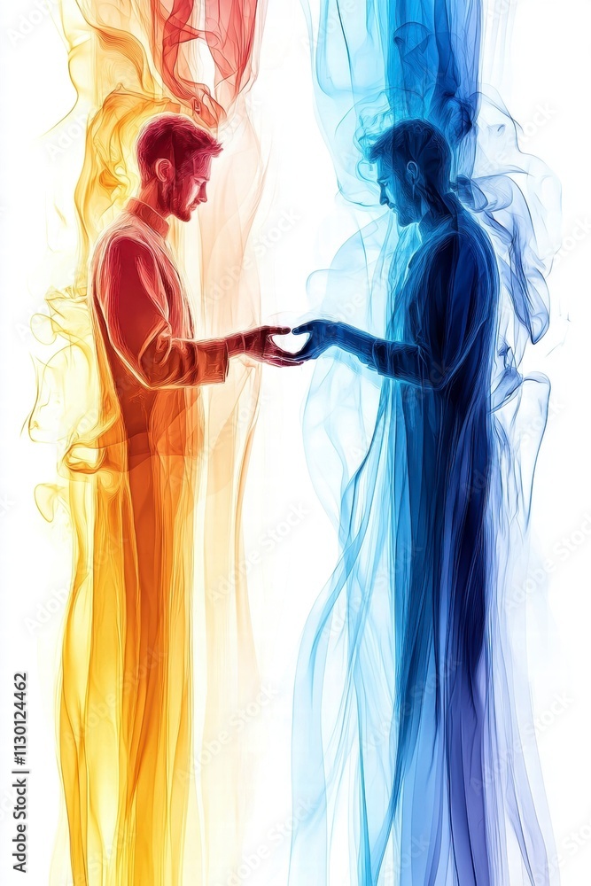Aufkleber unity of opposites abstract artwork of two figures reaching towards each other.
