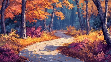 A painting of a forest with a path through it. The trees are full of leaves and the path is lined with flowers. The mood of the painting is peaceful and serene