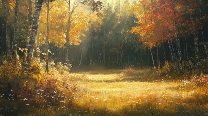 Obraz premium A painting of a forest with a path in the middle. The trees are full of leaves and the grass is yellow. The mood of the painting is peaceful and serene