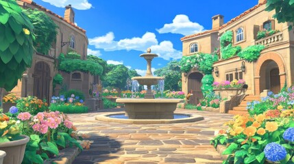 Fototapeta premium A courtyard with a fountain in the middle and a row of houses on either side. The courtyard is surrounded by flowers and trees, creating a peaceful and serene atmosphere