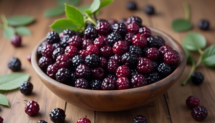 Bowl of Chokeberries Arranged on Wooden Table with Natural Accents