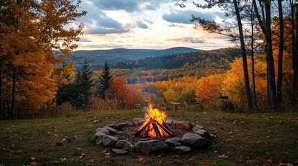 A fire is burning in a fire pit in a forest. The fire is surrounded by a circle of rocks and there are trees in the background. The scene is peaceful and serene, with the fire providing warmth