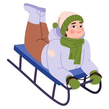 One boy is riding on a sled. Riding a sled facing forward. Child rolling on his stomach from slide on sled in winter outside. Flat vector illustration, eps10