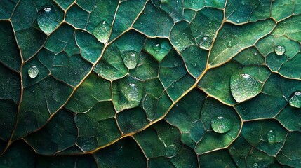 Obraz premium Close-up of dew drops on a vibrant green leaf, showcasing intricate leaf veins.