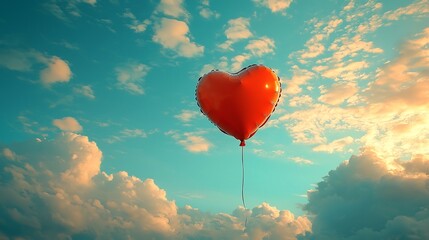 Fototapeta premium Heart Shaped Balloon Floating Into Serene Sky at Sunset Symbolizing Bittersweet Emotions of Love and Letting Go