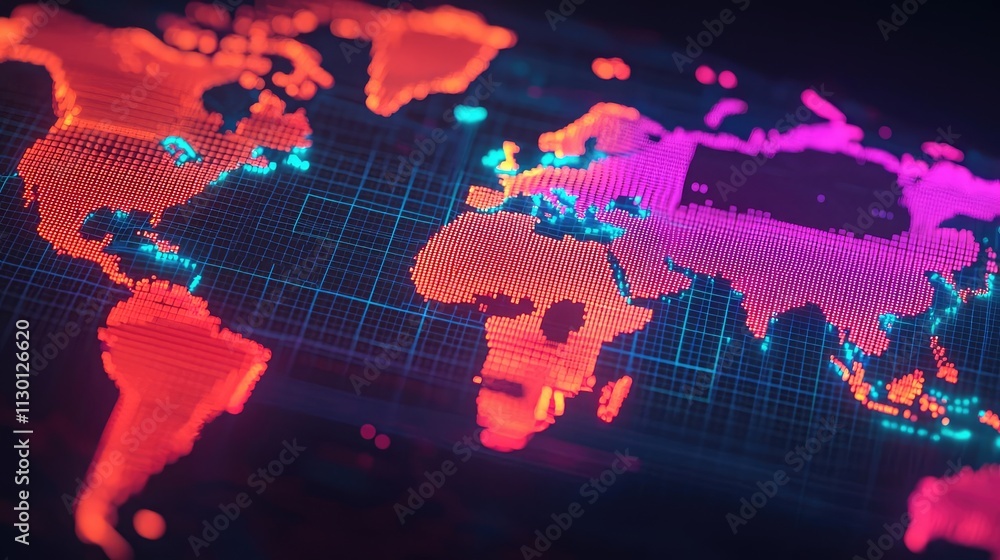 Poster Map atlas idea. Bright digital world map showcasing vibrant neon colors and grid patterns.