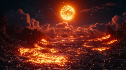 Fiery Lava Landscape Under Glowing Red Moon - made with Generative AI