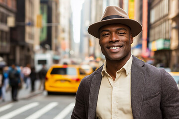 Man wearing stylish hat smiles on busy city street.