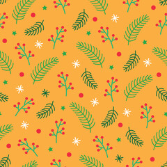 Vector Hand Drawn Christmas Twigs Berries Dots And Star Design Pattern Yellow Background