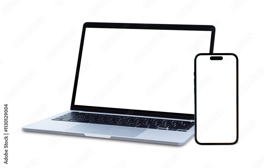 Wall mural laptop computer and mobile phone with blank screen isolated on white background