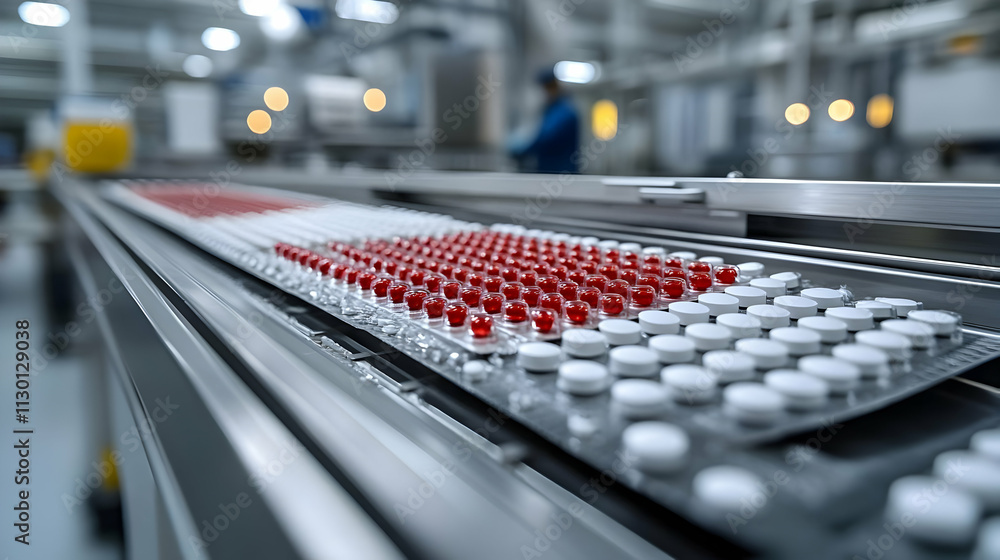Poster automated pill production line: tablets and capsules move efficiently