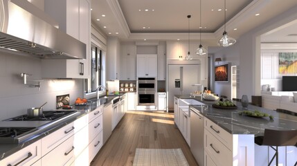 A modern kitchen with white cabinetry, soapstone countertops