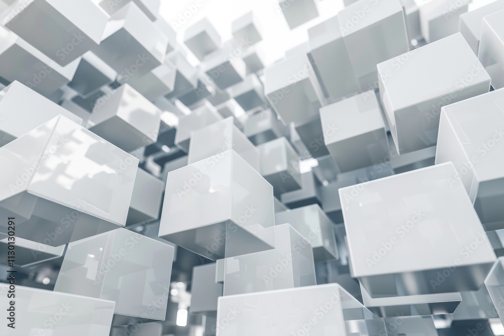 Poster abstract 3d rendering of interlocking white cubes: a modern geometric design