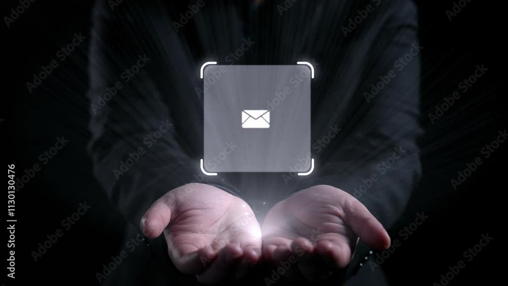 Poster business person checking email inbox, organizing and prioritizing messages for better productivity. 