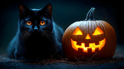 Black Cat & Jack-o'-lantern: Spooky Halloween Night