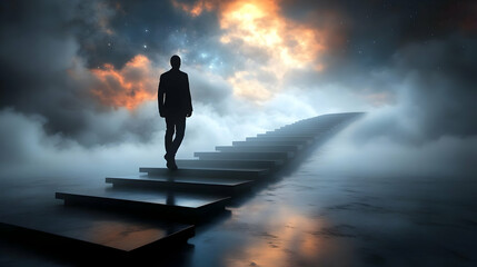 Obraz premium Man Ascends Steps to Celestial Cloudscape at Night