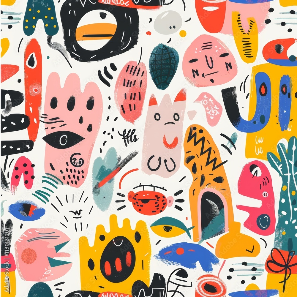 Poster vibrant abstract art: a colorful explosion of shapes and forms in playful design
