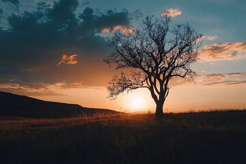 Fototapeta premium Savannah landscape with acacia trees silhouetted against a dramatic sunset