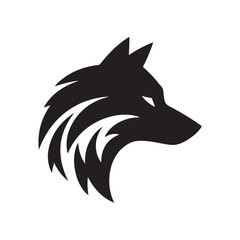 Obraz premium Minimalist wolf head logo vector, black silhouette of a wild predator profile on white background, modern geometric wolf icon for branding, sleek canine mascot eps for sports and gaming teams