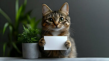 Adorable Cat Holds Blank Sign: Pet Adoption, Cute Kitty, Feline Friend, Animal Care,  Home Pets,  Happy Cat, Sweet Cat,  Indoor Pet,  Small Plant, Grey Background