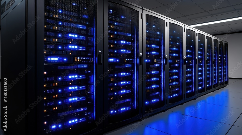 Poster data center operation technology facility server rack room high-tech environment wide angle view net