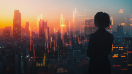 Fototapeta premium Abstract business woman stands on the peak of success amid tall, innovative Smart city and graphs with statistics to analyze business potential and predict future developments in company growth.