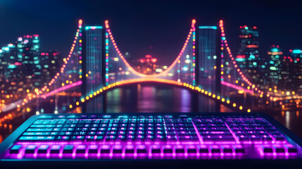 Obraz premium Vibrant City Nights: Illuminated Bridge Keyboard