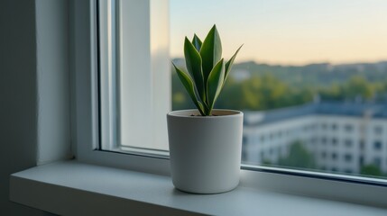 Fototapeta premium Indoor plant decoration on window sill modern apartment photography calm atmosphere close-up nature aesthetics