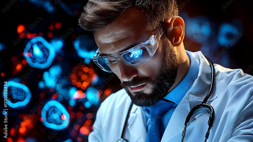 Poster scientist examines cellular structures microscopically with advanced tech