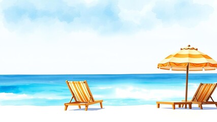 Obraz premium Seascape tropical beach with white sand, sun loungers, beach umbrella, summer vacation concept, hand drawn watercolor illustration, beach umbrella, watercolor illustration