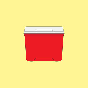 Red cooler box vector illustration. Portable refrigerator on yellow background. Food and cold drinks storage