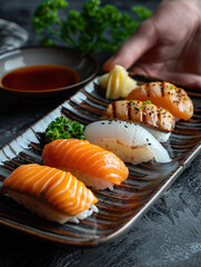 Aoyagi Nigiri sushi with seared clams on a noble stone plate
