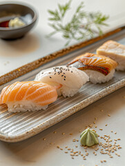 Aoyagi Nigiri sushi with round clams on a traditional ceramic plate