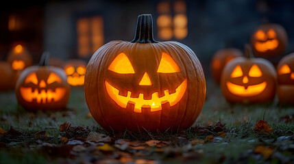 Fototapeta premium Carved Pumpkins Illuminate Autumn Night, Festive Halloween Decorations Glow Brightly Outdoors