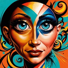 Modern Abstract Art of a Face with Big, Expressive Eyes