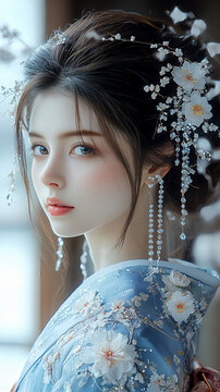 雪化粧のような白い花と水晶の髪飾りをまとう和服の女性、青い絹地に咲く白花と結晶の装飾が彩る黒髪、透明感のある肌と瞳が放つ幻想的な表情を捉えた超クローズアップポートレート