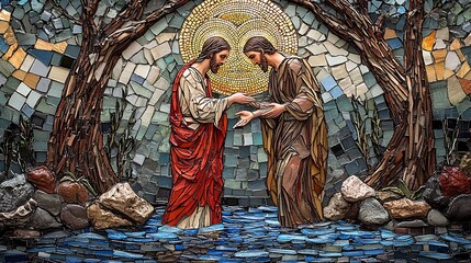 Intricate mosaic of Saint John the Baptist baptizing Jesus in a river, vibrant blue and green tiles depicting flowing water, golden halos radiating light,