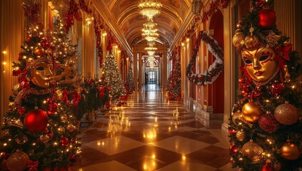 Fototapeta premium Festive Hallway Decorated with Christmas Trees and Masks