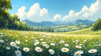 Beautiful spring landscape with a blue sky green grass with white flowers