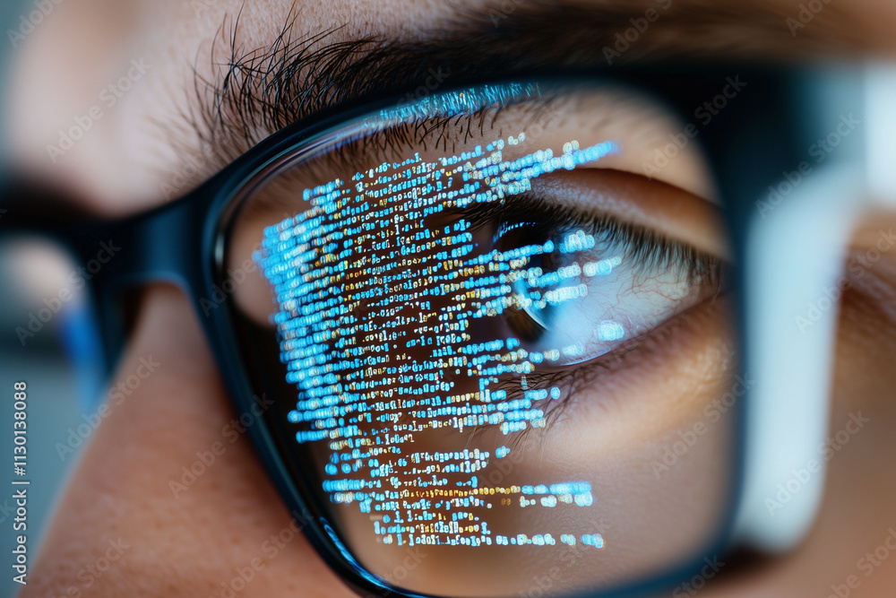 Poster man is looking at a computer screen with a blue screen that has a lot of code on it. the man is wear