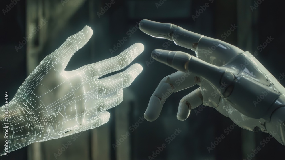 Aufkleber two translucent robotic hands reach towards each other, illuminated with internal circuitry.